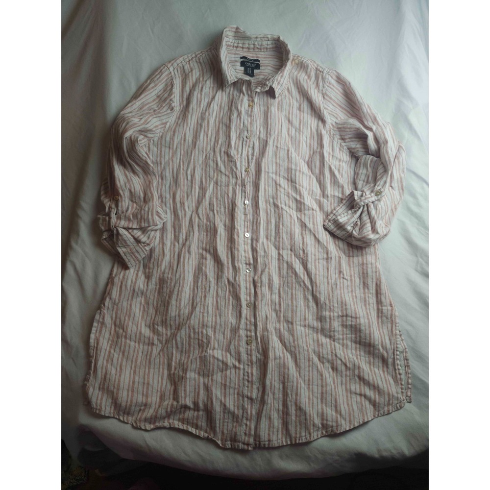 Jones Co Button Down Shirt Womens Size 1X White Linen Coastal Roll Tab Sleeve